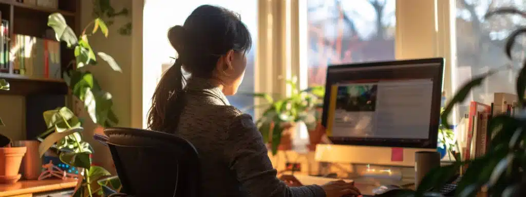 a therapist sitting at a desk, surrounded by a diverse array of local business directories and online listings, updating their practice information.