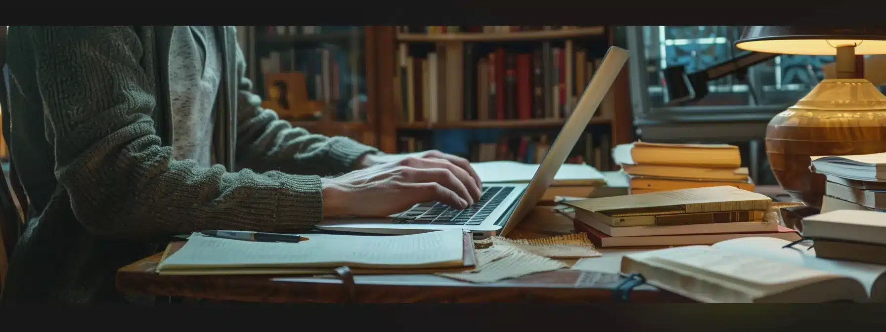 a person typing on a laptop, surrounded by books and a notepad, with a thoughtful expression, crafting engaging and ethical content.