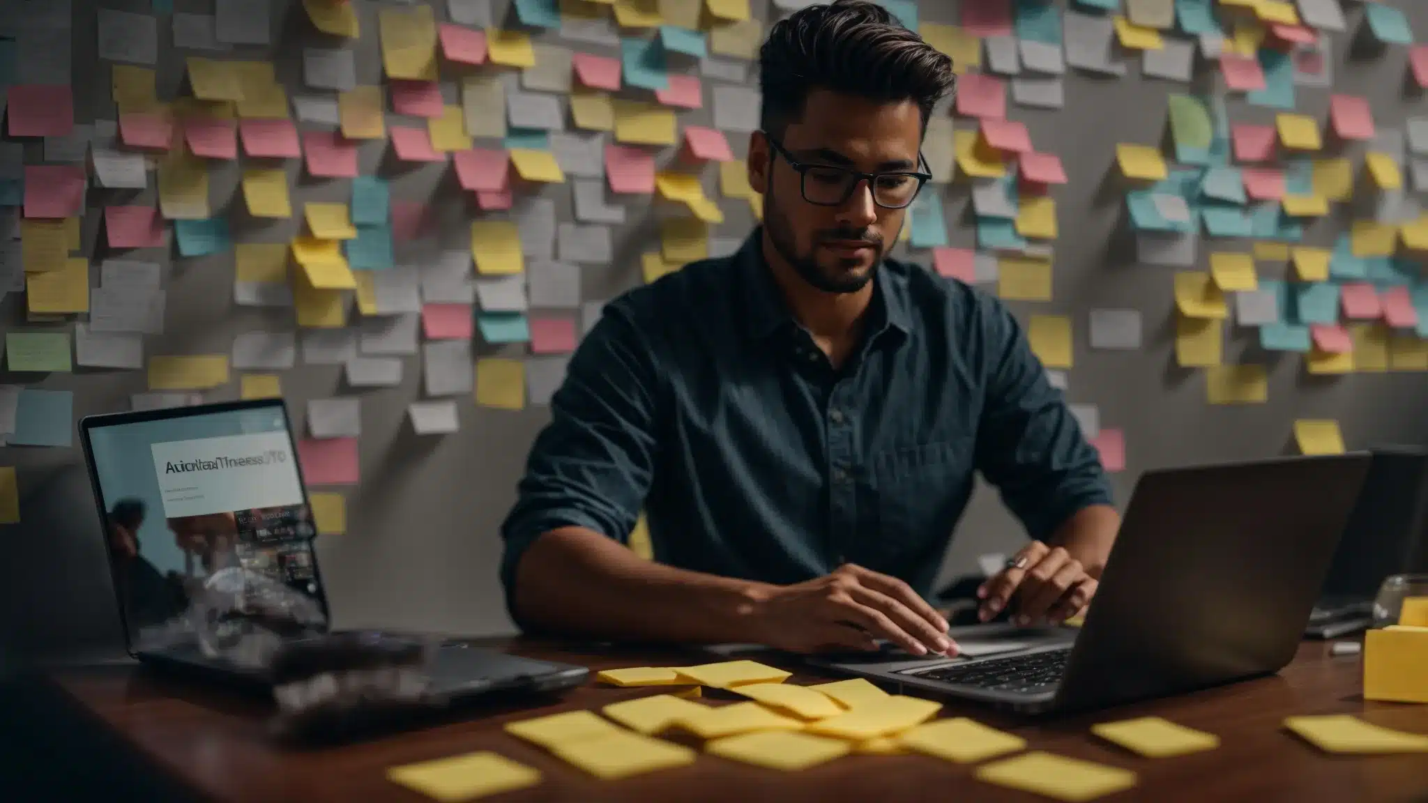 a therapist typing on a laptop, surrounded by sticky notes filled with relevant keywords and a whiteboard with brainstormed blog ideas.