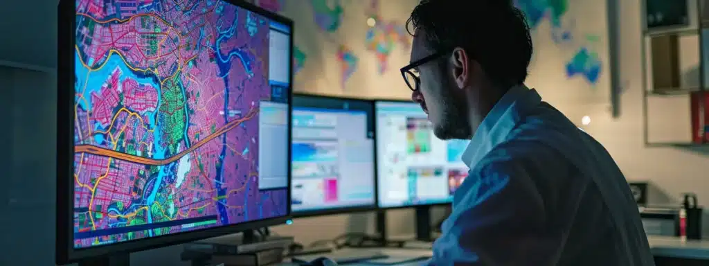 a therapist adjusting a large, colorful map of their local area on a computer screen.