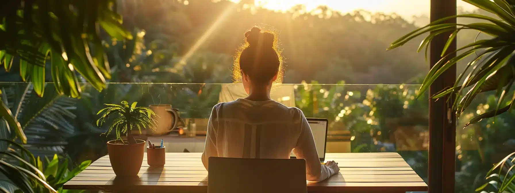 a therapist creating captivating social media content on a peaceful, sunlit balcony with a calming view of nature in the background.