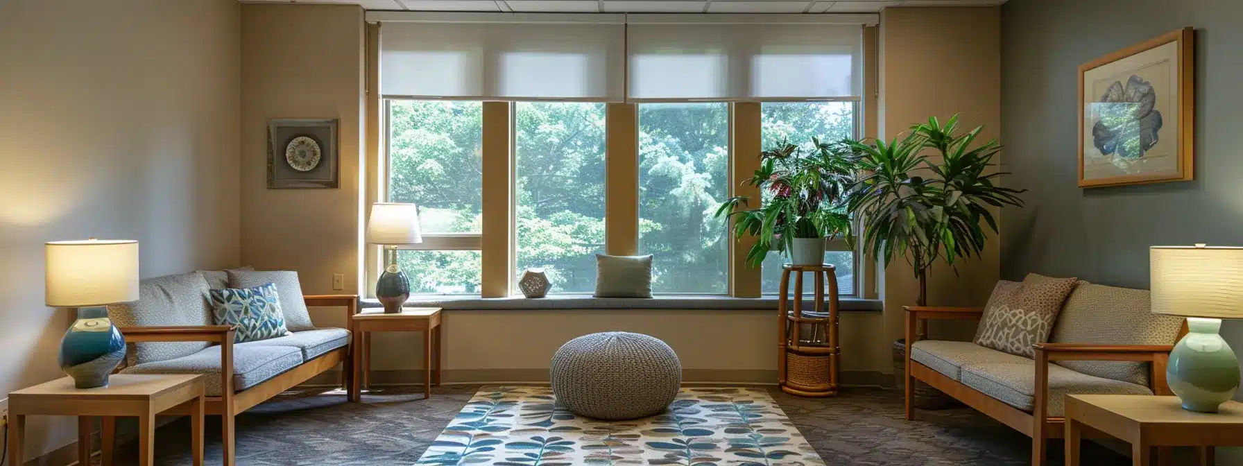 a calm and inviting therapy room decorated with soothing colors and nature-inspired elements, setting the stage for stress management and self-reflection.